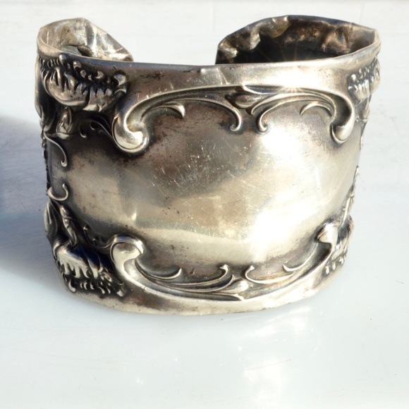 Antique Art Nouveau Floral Sterling Cuff Bracelet Victorian Repoussé Baroque - Picture 2 of 8